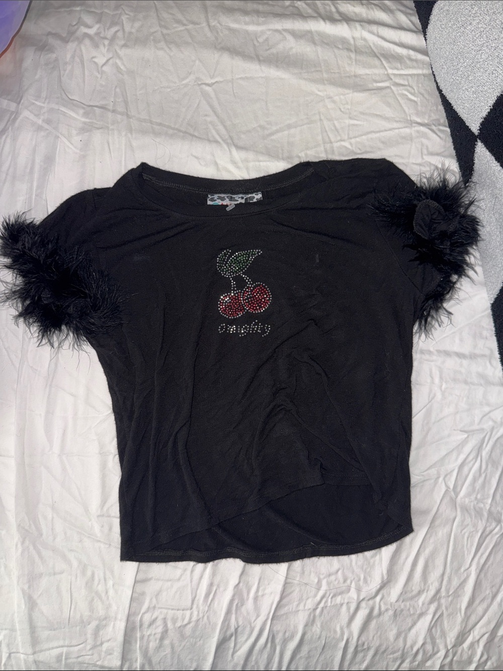 omighty Black Short Sleeve Tee with Red Rhinestone Cherry